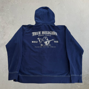 J- Vintage True Religion Buddha & Text Graphic Zip Up Hoodie - XL