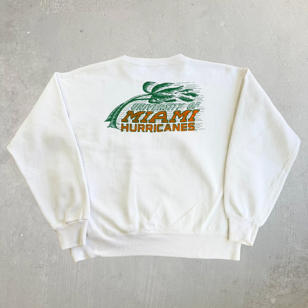 J- Vintage '89 University Of Miami Hurricanes Graphic Mascot & Text Crewneck - L