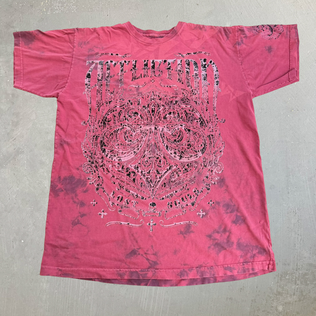 J- Vintage Affliction Embroidered Text & Graphic Maroon Acid Wash Tee - L