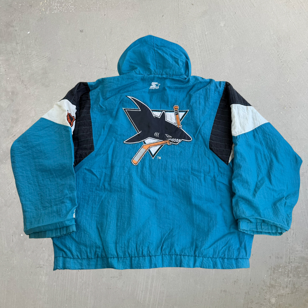J- Vintage 90's San Jose Sharks NHL Starter Embroidered Logo Anorak Pullover Winter Jacket - L
