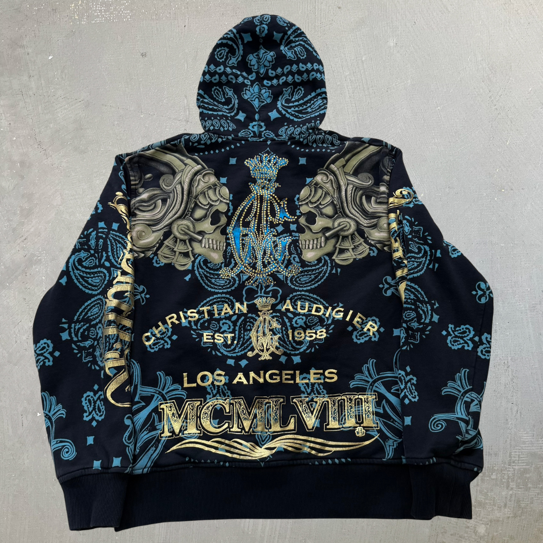 J- Vintage Y2K Christian Audigier Rhinestones Aztec Skull Jumbo Print Zip Up Hoodie - XL