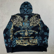 J- Vintage Y2K Christian Audigier Rhinestones Aztec Skull Jumbo Print Zip Up Hoodie - XL
