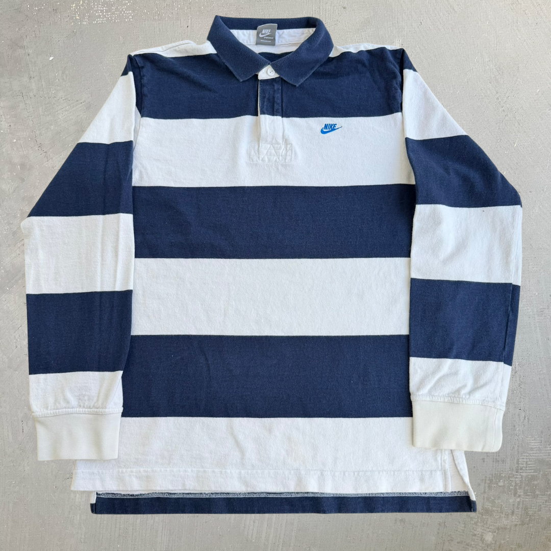 J- Vintage Nike Sportswear Embroidered Logo Striped Long Sleeve Rugby Shirt - L