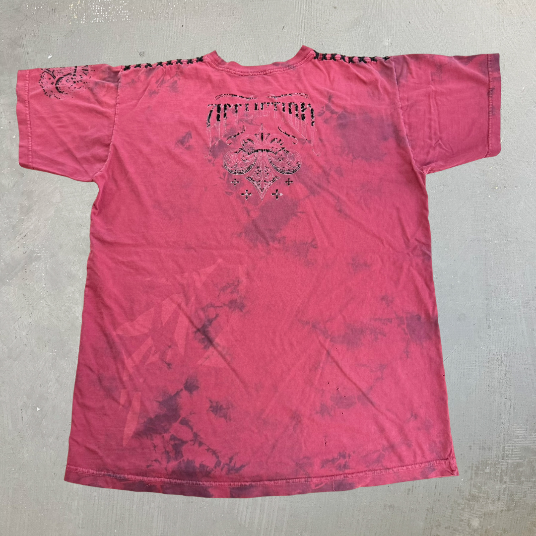 J- Vintage Affliction Embroidered Text & Graphic Maroon Acid Wash Tee - L