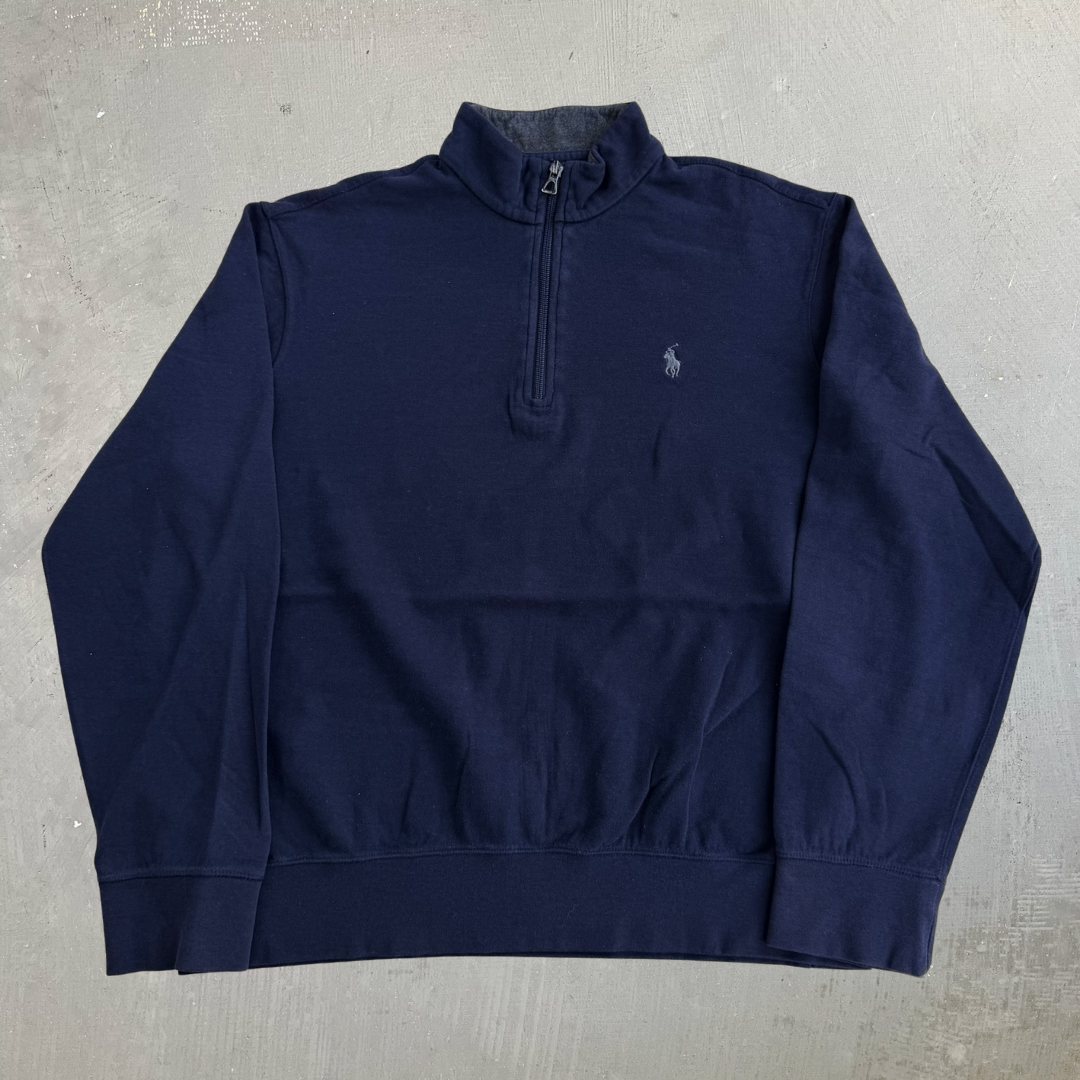 Polo RL Navy Embroidered Logo Quarter Zip Crewneck - M