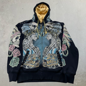 J- Vintage Y2K Christian Audigier Rhinestones Leopards Jumbo Print Zip Up Hoodie - XL