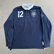 J- Vintage Superdry Scotland Embroidered Text Long Sleeve Rugby Shirt - XL