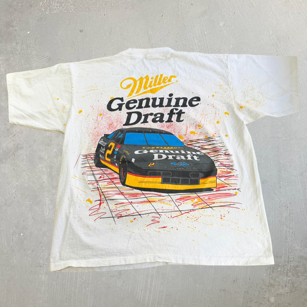 Vintage 90s Nascar Ford Dusty Wallace Car & Autograph Miller Draft Jumbo Print Made In USA Single Stitch Tee - 2XL