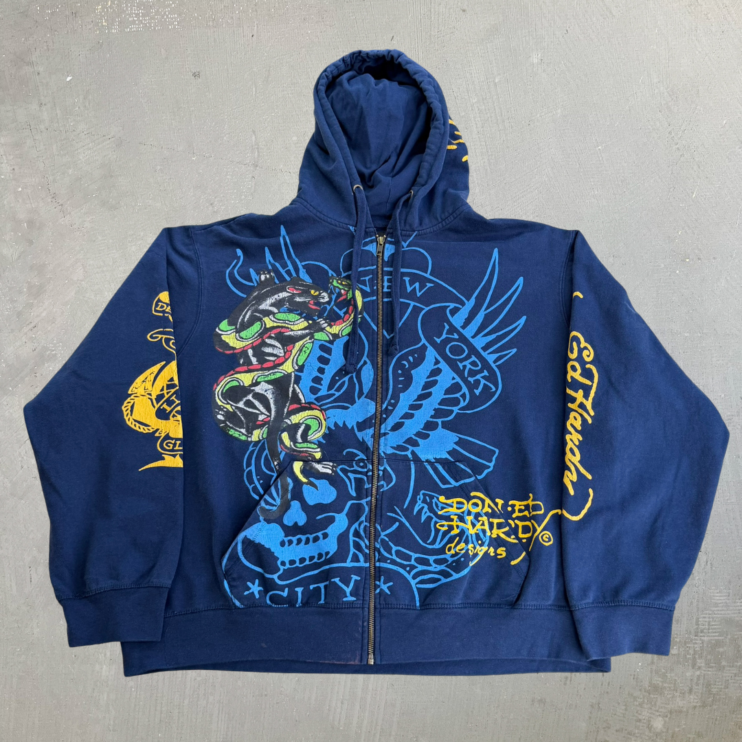J- Vintage Ed Hardy New York Snake & Panther & Dog With Crown Jumbo Print Zip Up Hoodie - 2XL