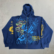 J- Vintage Ed Hardy New York Snake & Panther & Dog With Crown Jumbo Print Zip Up Hoodie - 2XL