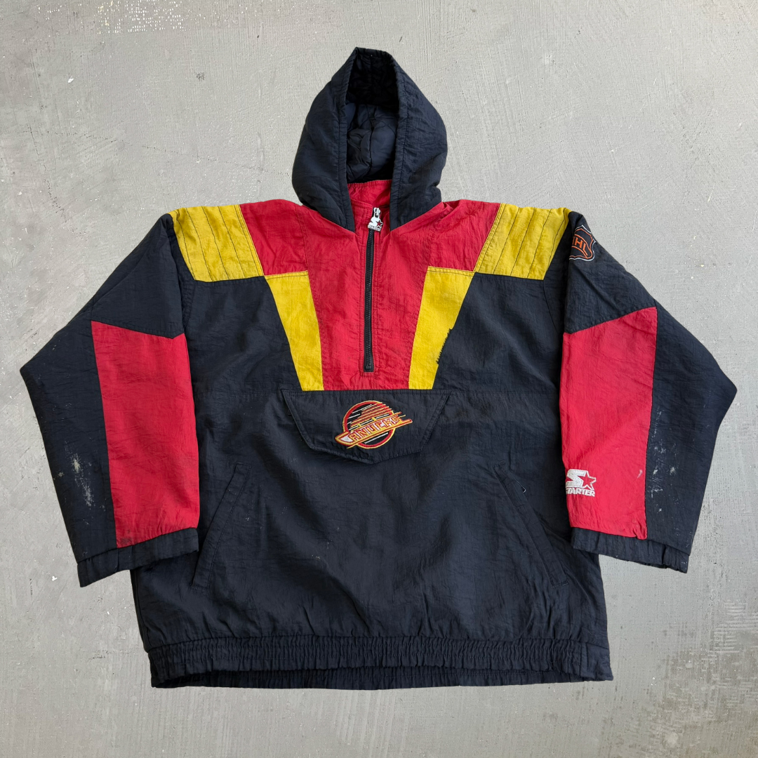 J- Vintage 90s Vancouver Canucks NHL Starter Embroidered Logo Pullover Anorak Winter Jacket - XL