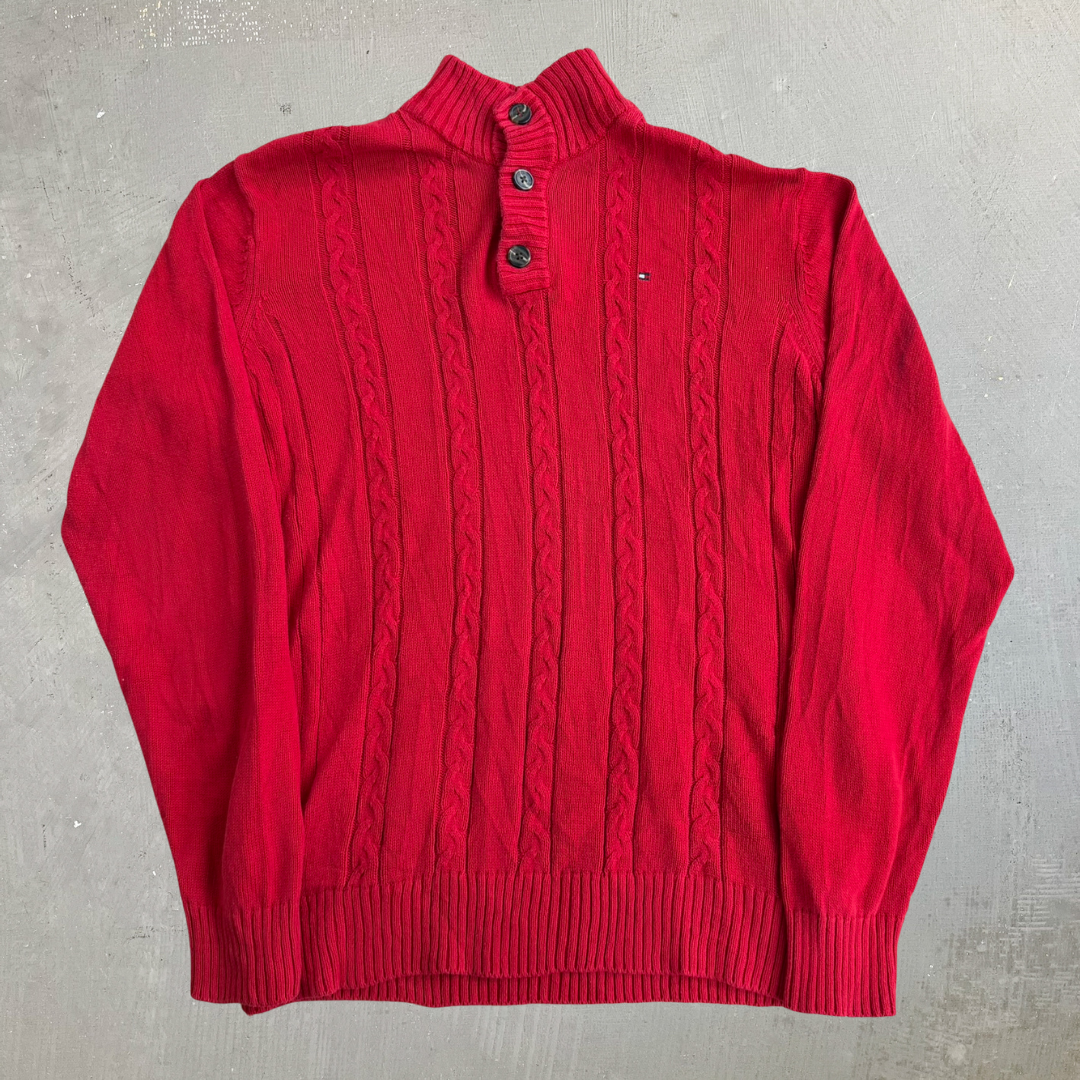 J- Vintage Tommy Hilfiger Henley Red Knit Sweater - M