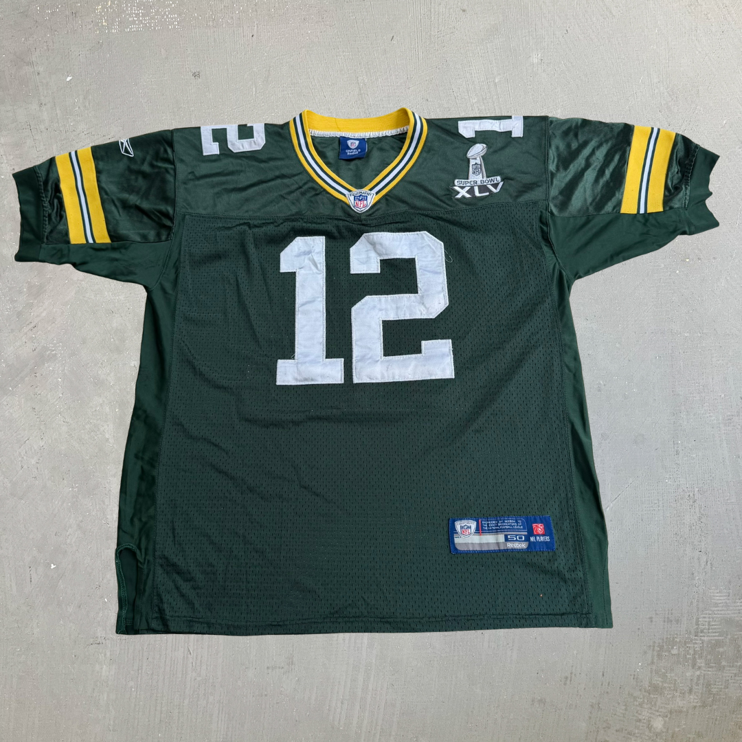 J- Vintage '11 Green Bay Packers Aaron Rodgers NFL Reebok Super Bowl 45 Football Jersey - 50 (fits L)