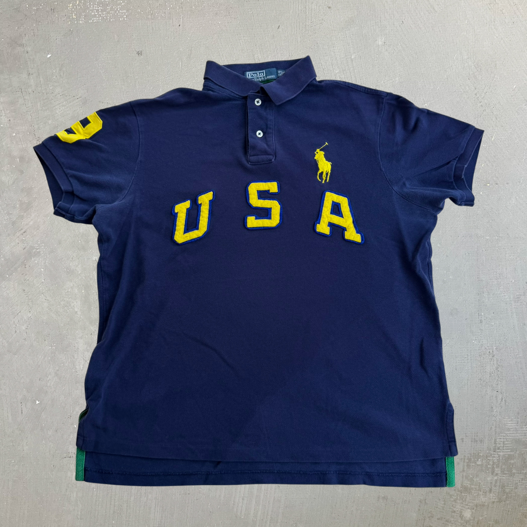 J- Vintage Polo RL USA Chenille Embroidered Text & Embroidered Logo Short Sleeve Polo Shirt - L