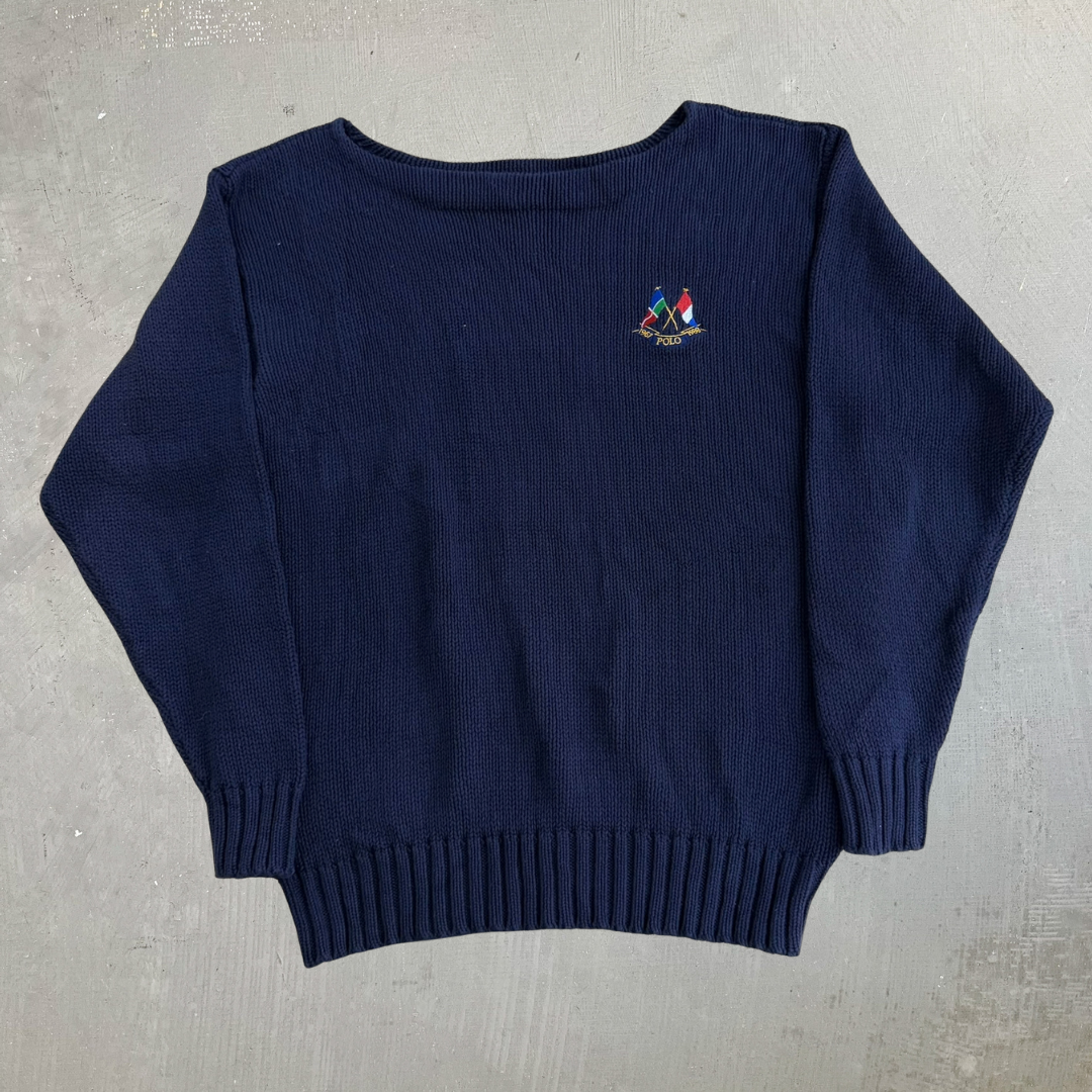 Vintage 90s Polo RL Embroidered Text & Flag Navy Knit Sweater - L