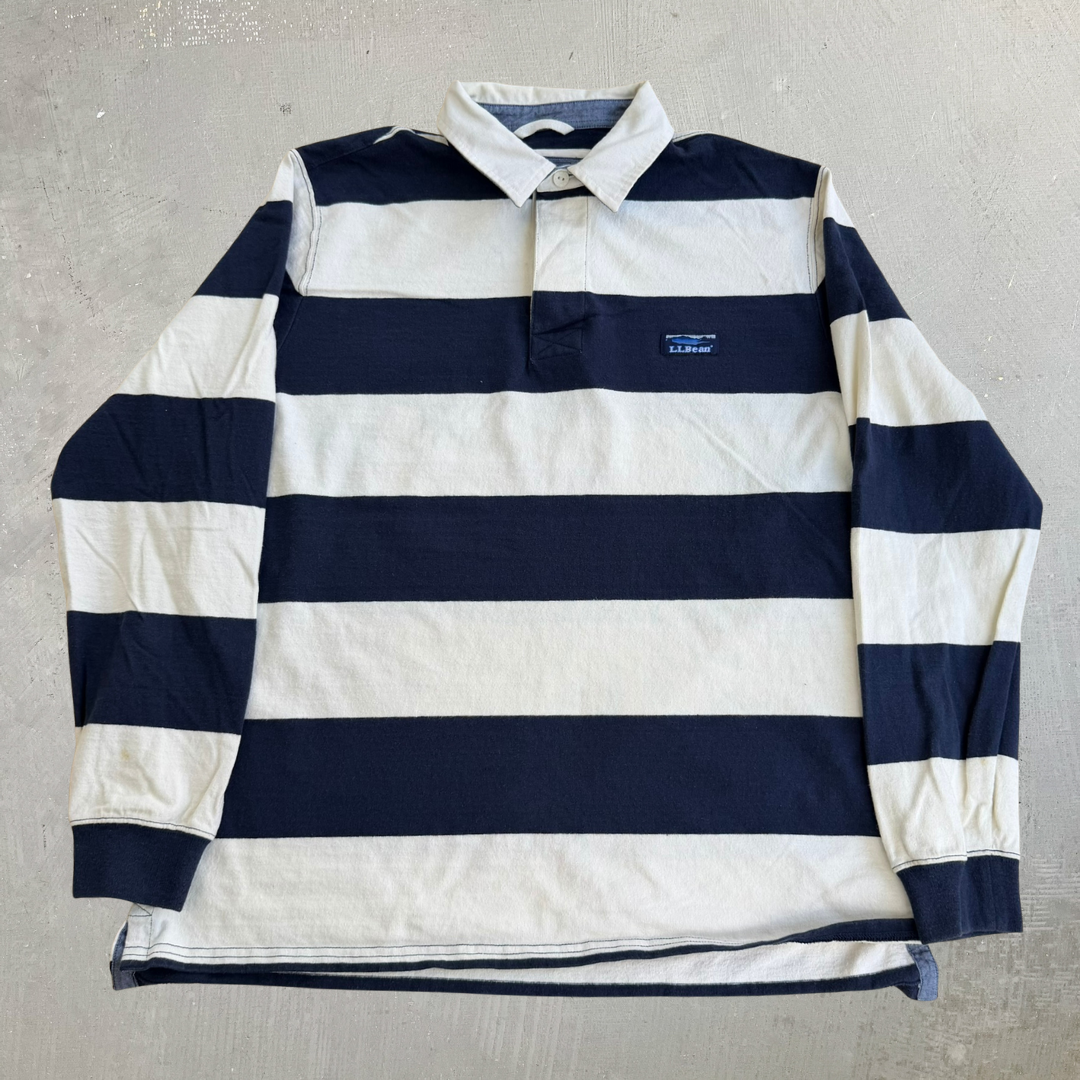 J- Vintage LL Bean Logo Striped Long Sleeve Rugby Shirt - L