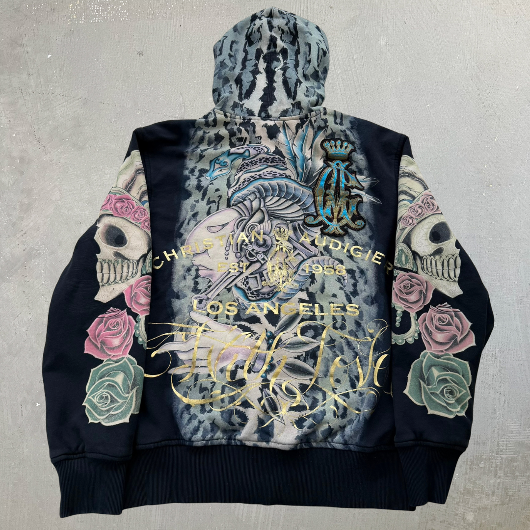 J- Vintage Y2K Christian Audigier Rhinestones Leopards Jumbo Print Zip Up Hoodie - XL