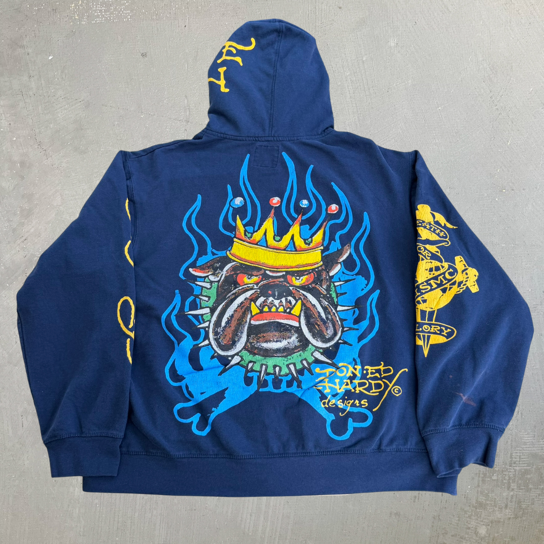 J- Vintage Ed Hardy New York Snake & Panther & Dog With Crown Jumbo Print Zip Up Hoodie - 2XL
