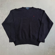 Vintage 90s Polo RL Embroidered Logo Black Cotton Knit Sweater - 2XL