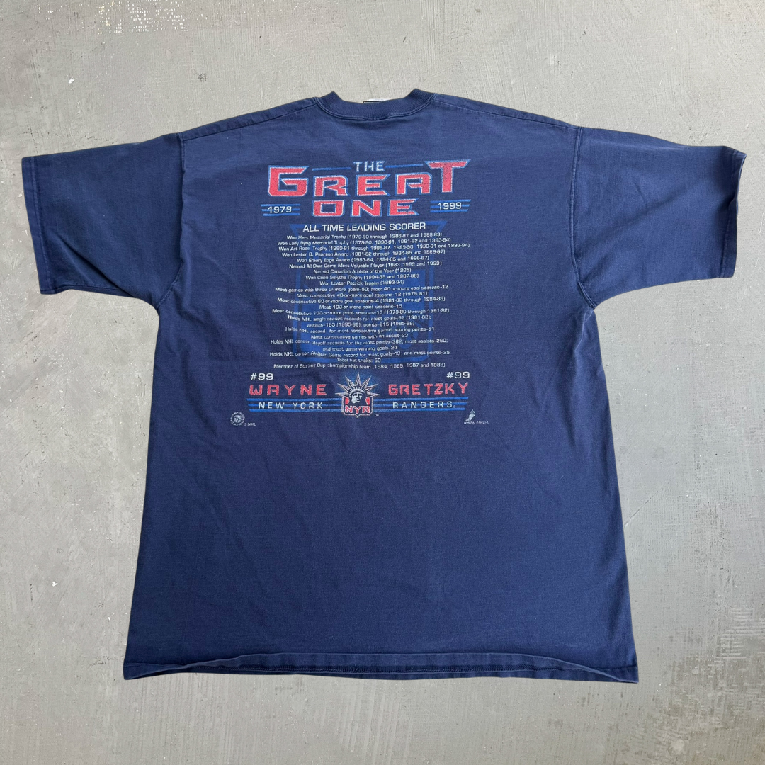 J- Vintage '99 Wayne Gretzky New York Rangers NHL The Great One Accolade Pro Player Tag Tee - XL