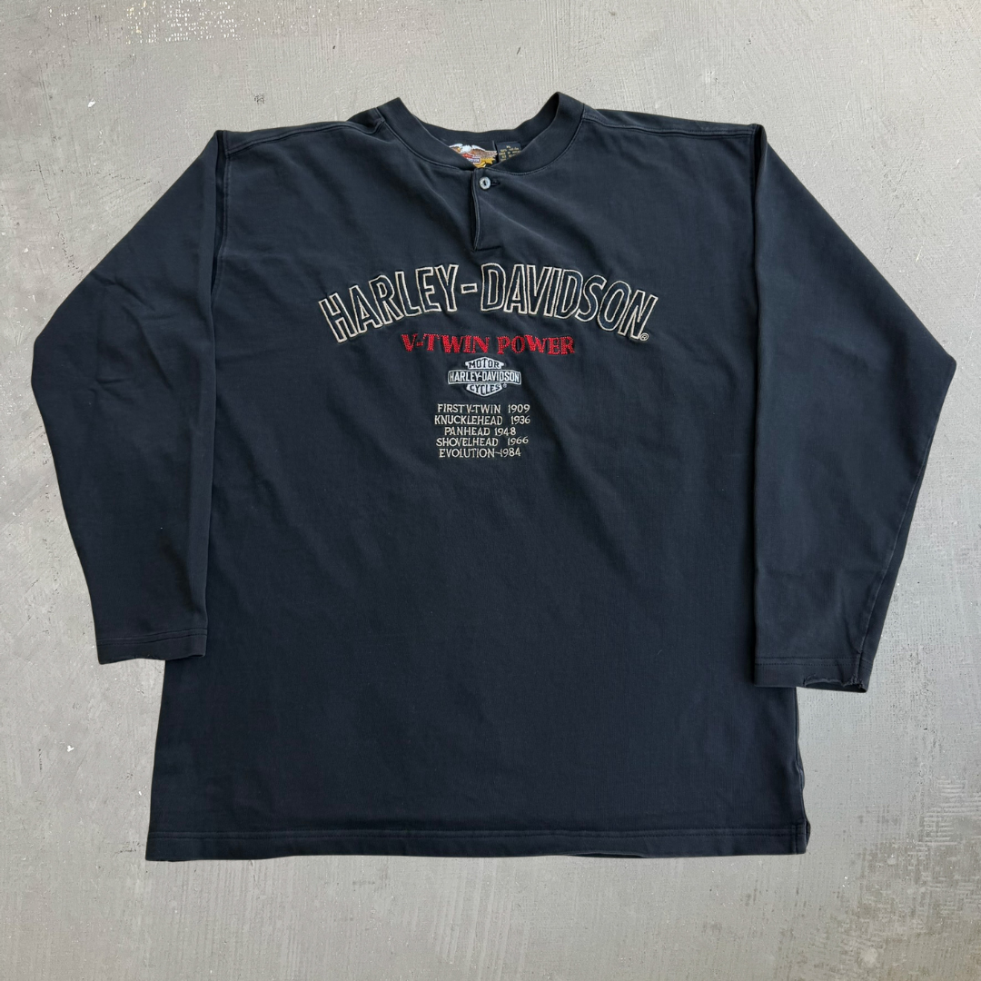 J- Vintage Harley Davidson V-Twin Power Embroidered Logo & Text Long Sleeve Tee - XL