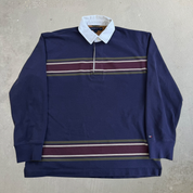 Vintage Tommy Hilfiger Navy & Maroon Stripes Long Sleeve Rugby Shirt - L