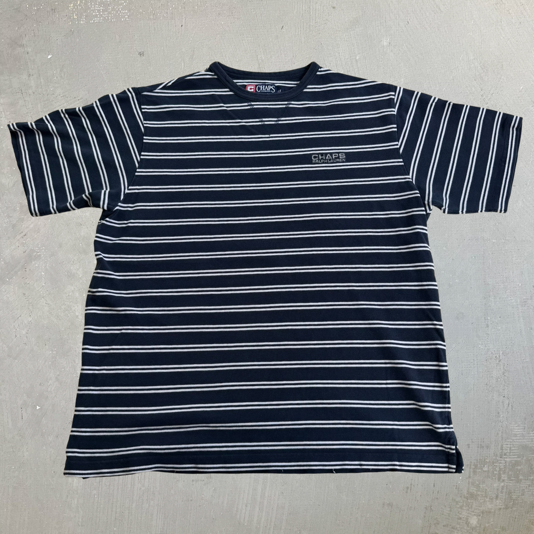 J- Vintage Ralph Lauren Chaps Embroidered Text Navy/White Striped Tee - L