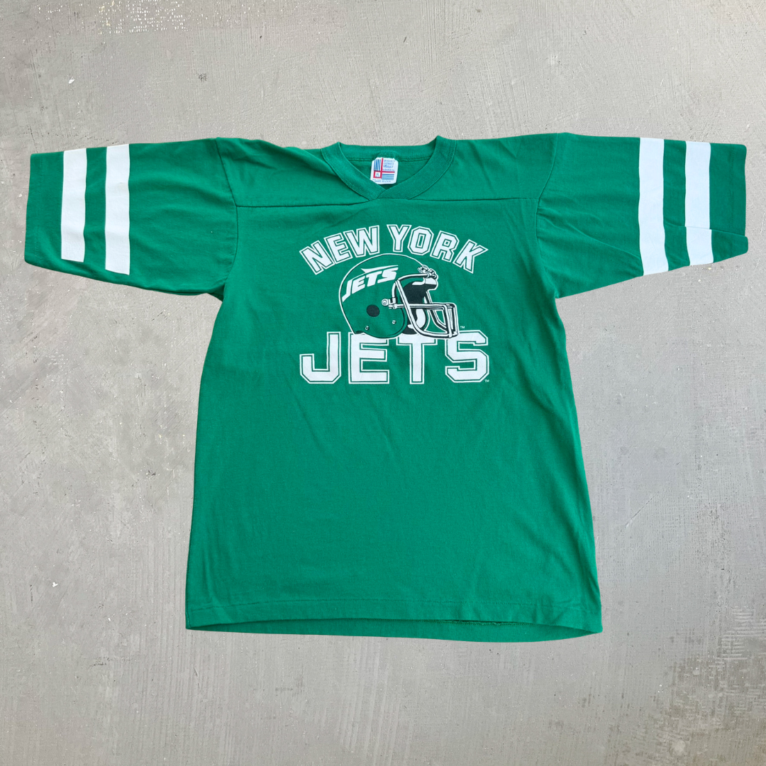 J- Vintage New York Jets NFL Graphic Made In USA Single Stitch Jersey Style Tee - XL (fits M)