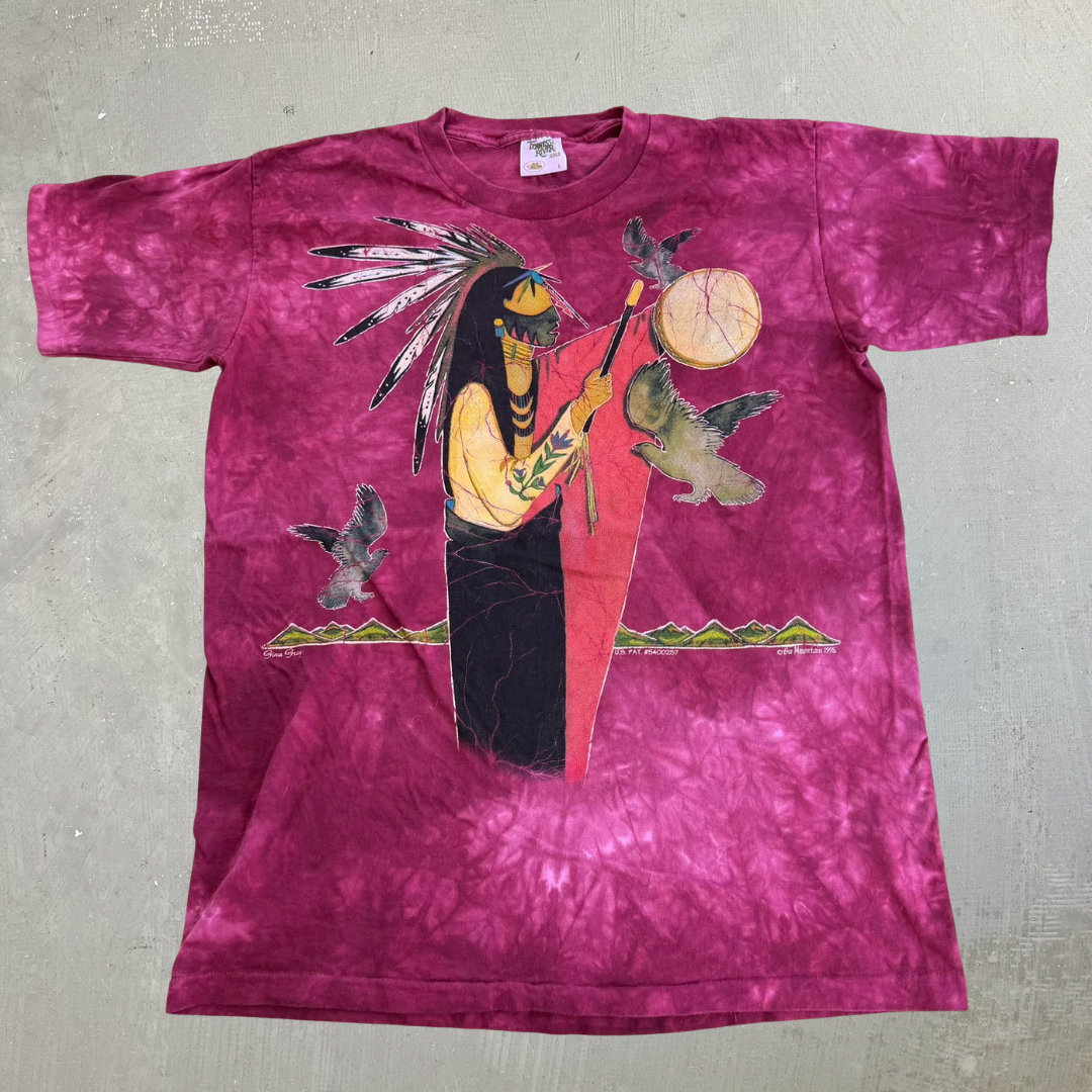 J- Vintage '95 The Mountain First Nation Drummer & Birds Made In USA Maroon Acid Wash Single Stitch Tee - L