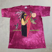 J- Vintage '95 The Mountain First Nation Drummer & Birds Made In USA Maroon Acid Wash Single Stitch Tee - L