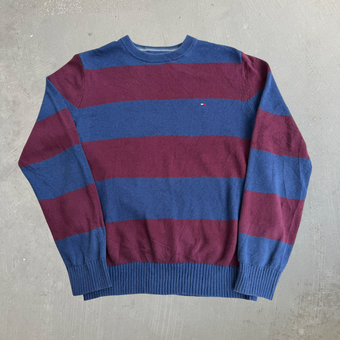 J- Vintage Tommy Hilfiger Embroidered Logo Navy/Maroon Striped Knit Sweater - M