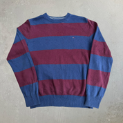 J- Vintage Tommy Hilfiger Embroidered Logo Navy/Maroon Striped Knit Sweater - M