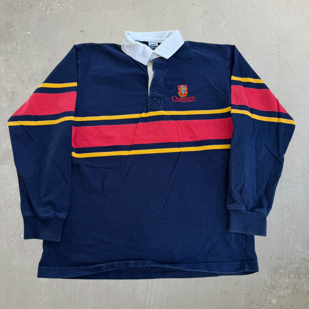 J- Vintage Queens University Embroidered Crest Long Sleeve Rugby Shirt - L