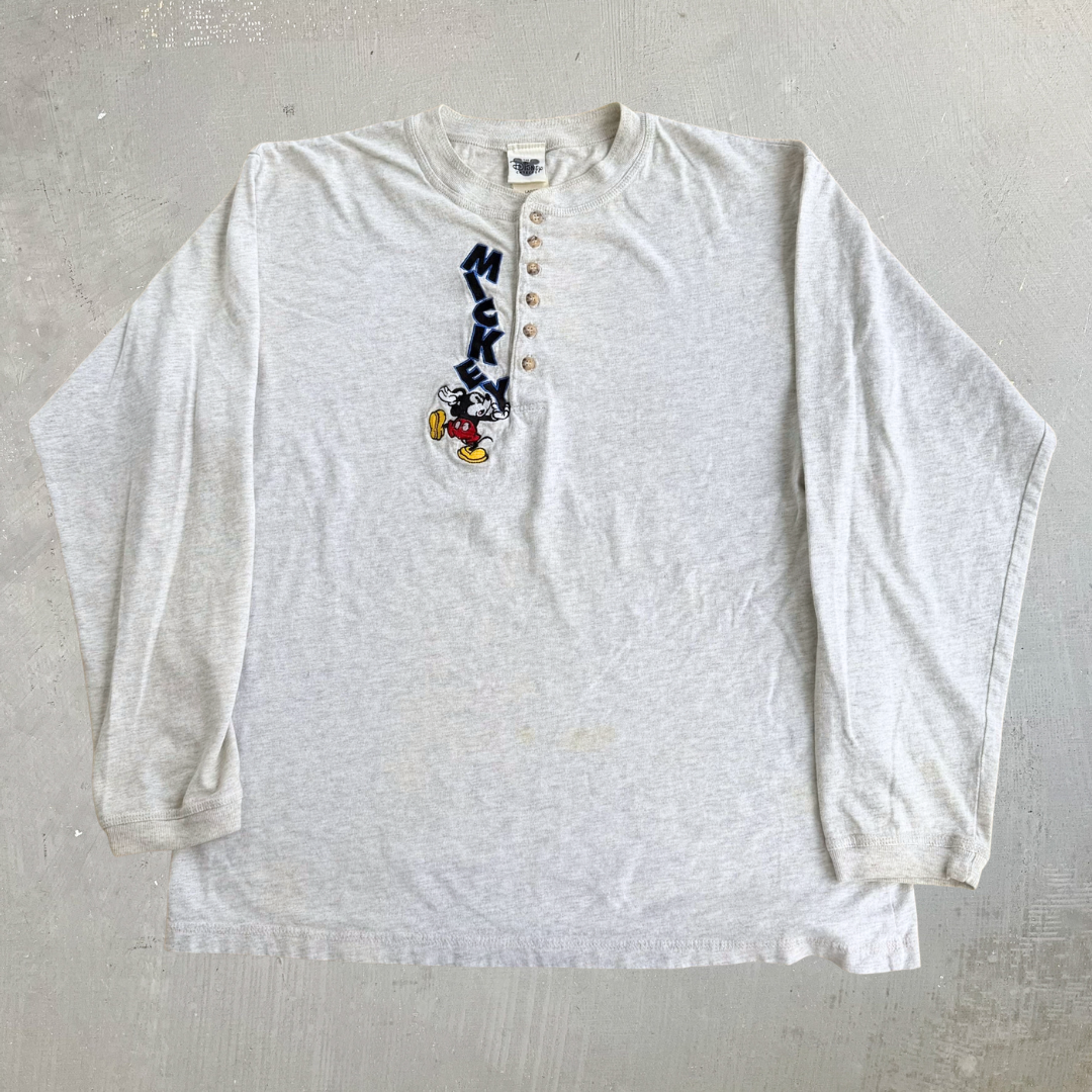 Vintage 90s Disney Catalog Mickey Embroidered Text Made In USA Long Sleeve Henley Tee - L