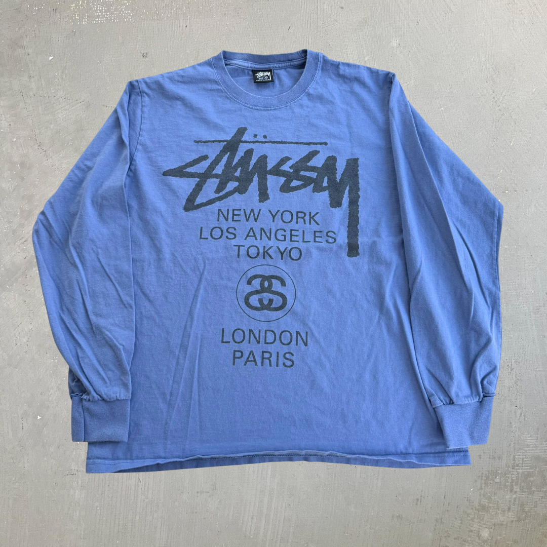 J- Vintage Stussy Script Logo & Cities Graphic Long Sleeve Tee - M
