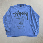 J- Vintage Stussy Script Logo & Cities Graphic Long Sleeve Tee - M