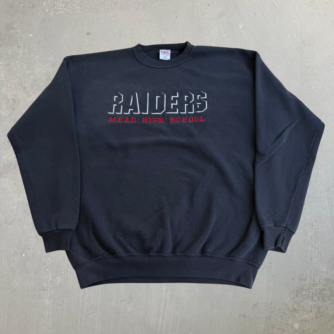 J- Vintage Raiders Mead High School Embroidered Text Made In USA Crewneck - XL