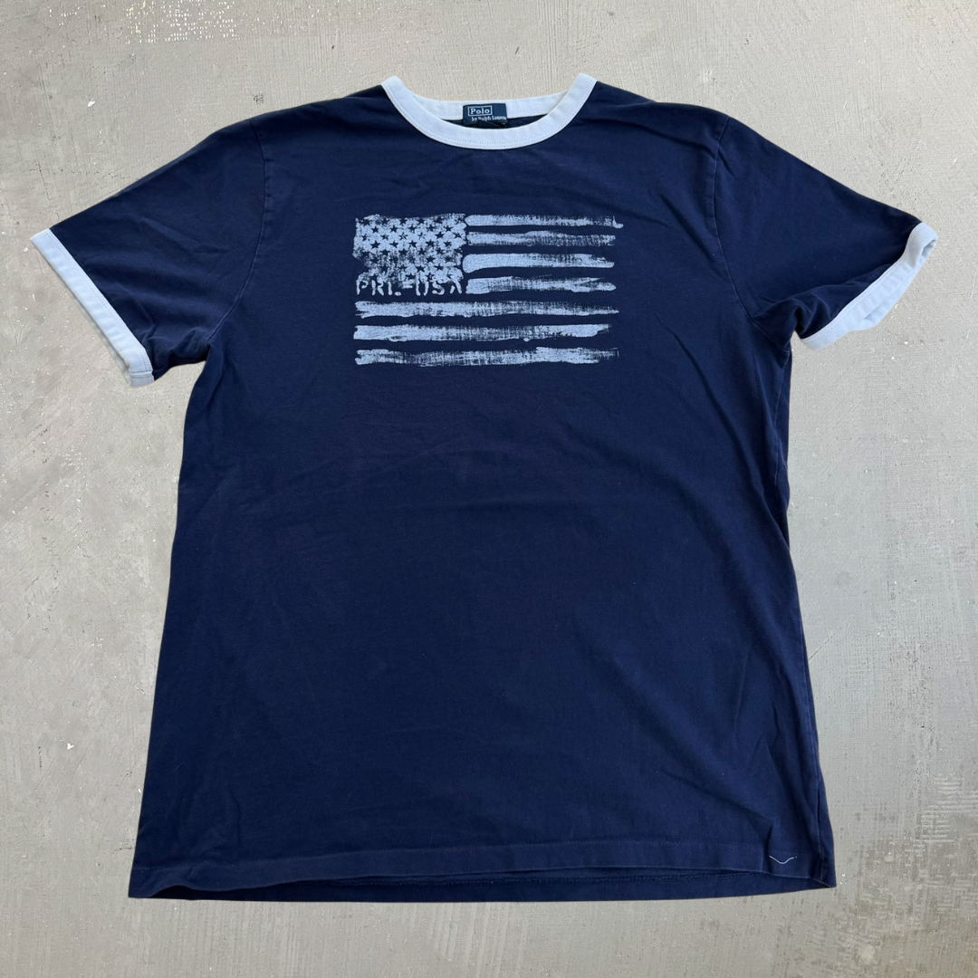 J- Vintage Polo Ralph Lauren USA Flag Graphic Ringer Tee - Youth XL (fits Adult S)