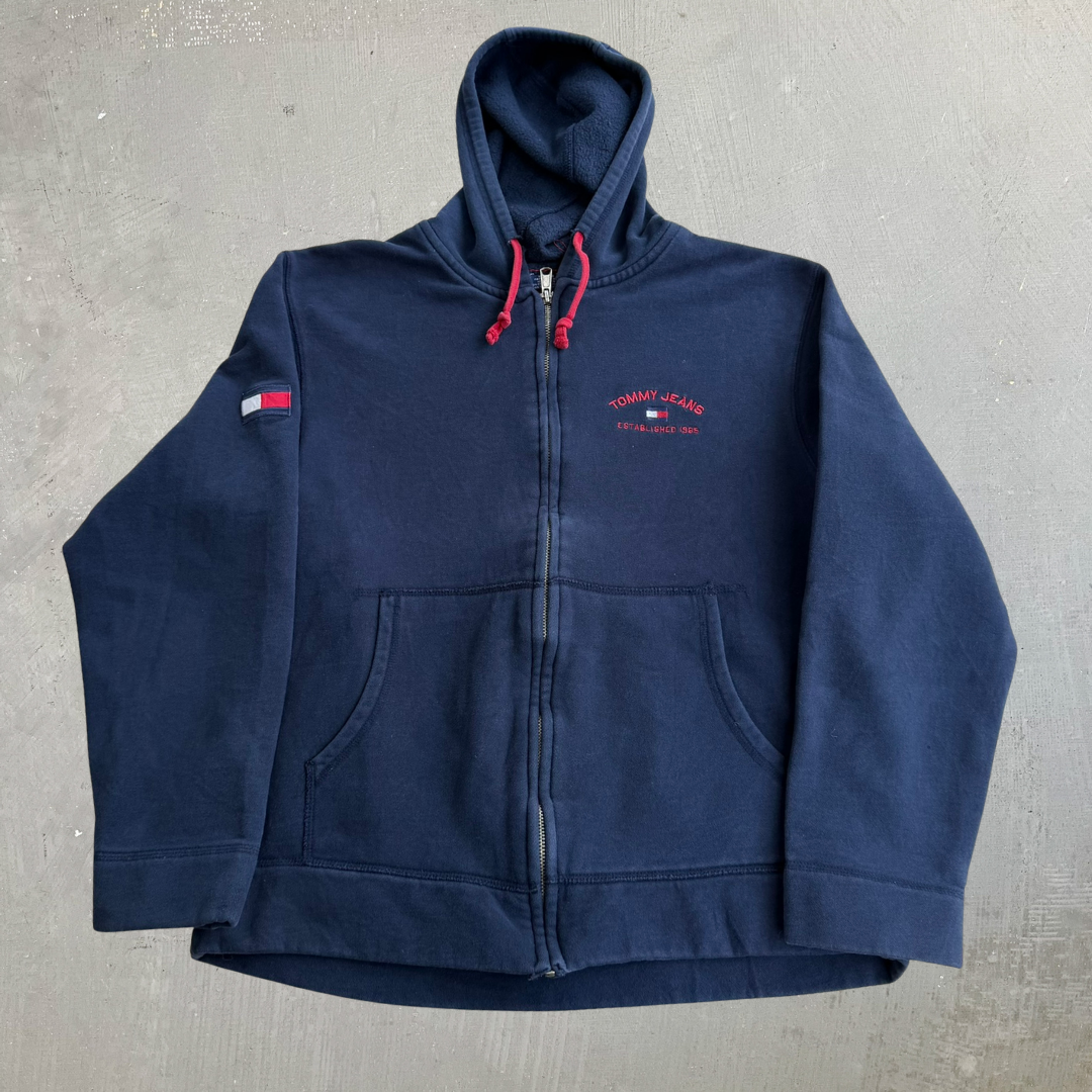 J- Vintage Tommy Hilfiger Jeans Embroidered Text Zip Up Hoodie - L