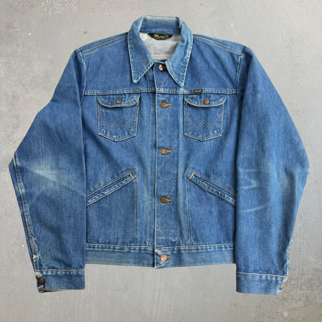 J- Vintage 70s Wrangler 4 Pockets Made In USA Denim Trucker Jacket - 46 Long (fits L)