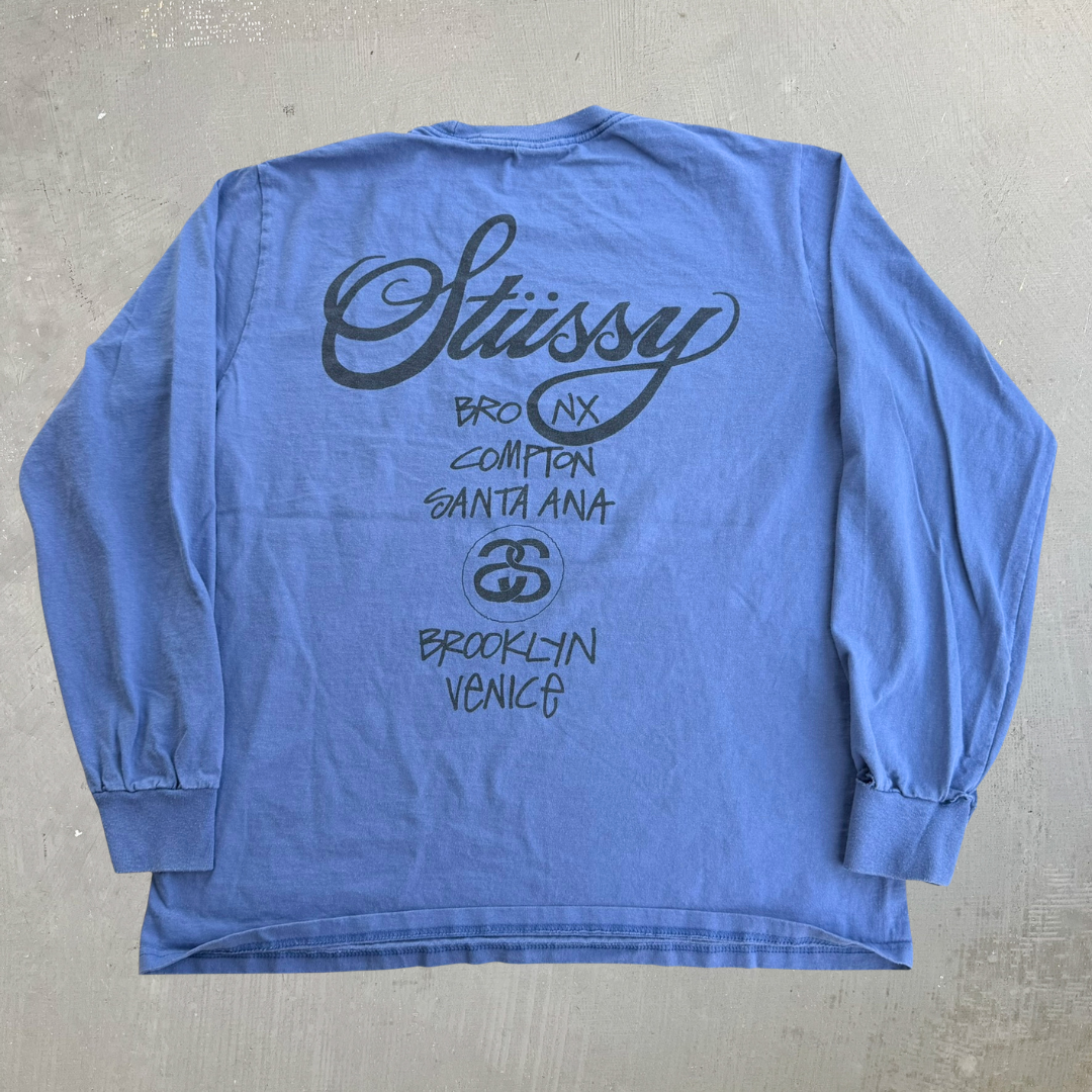 J- Vintage Stussy Script Logo & Cities Graphic Long Sleeve Tee - M