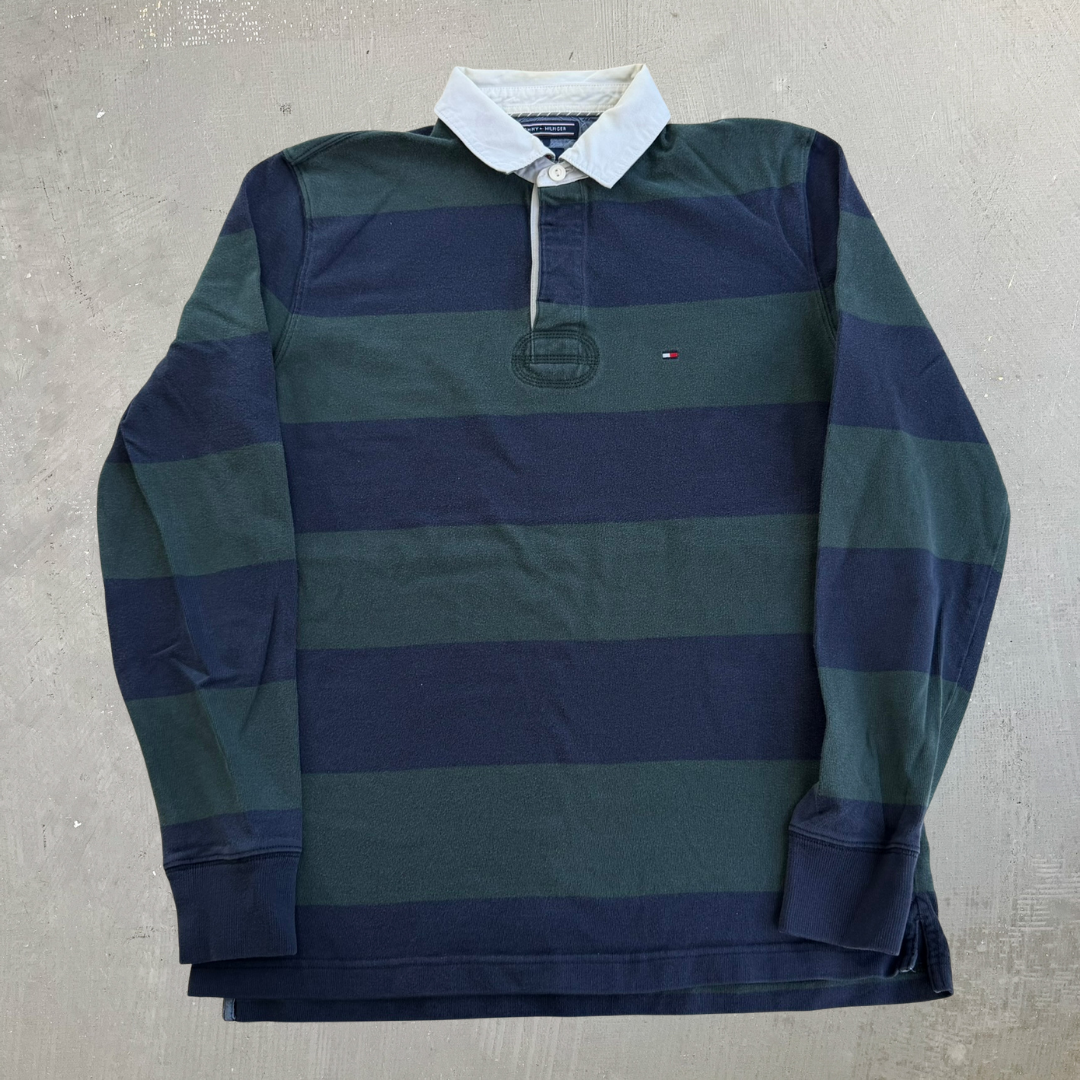 J- Vintage Tommy Hilfiger Embroidered Logo Navy/Green Long Sleeve Rugby Shirt - L