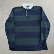 J- Vintage Tommy Hilfiger Embroidered Logo Navy/Green Long Sleeve Rugby Shirt - L