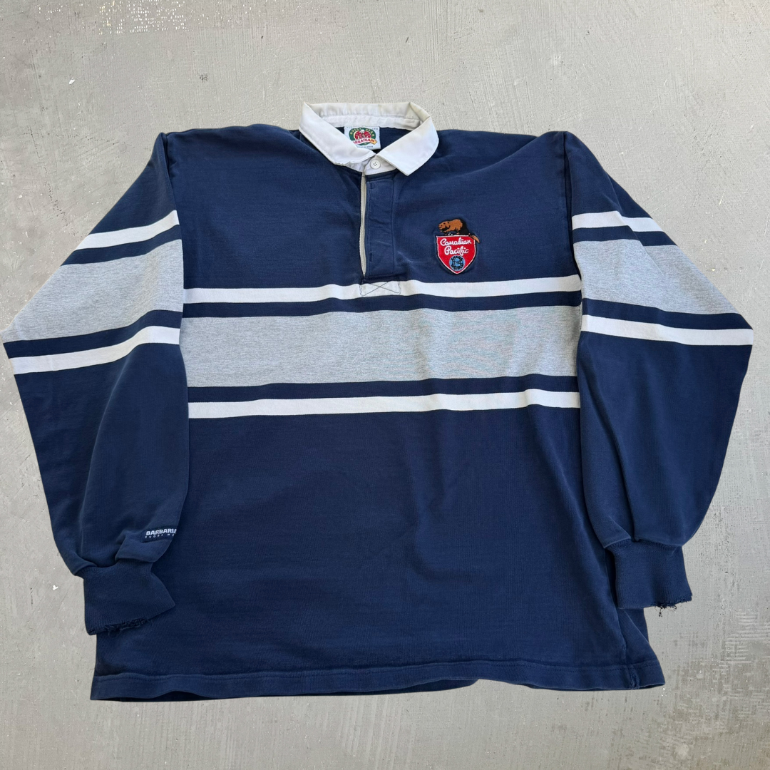 J- Vintage Barbarian Rugbywear Canadian Pacific Embroidered Patch Long Sleeve Rugby Shirt - 3XL
