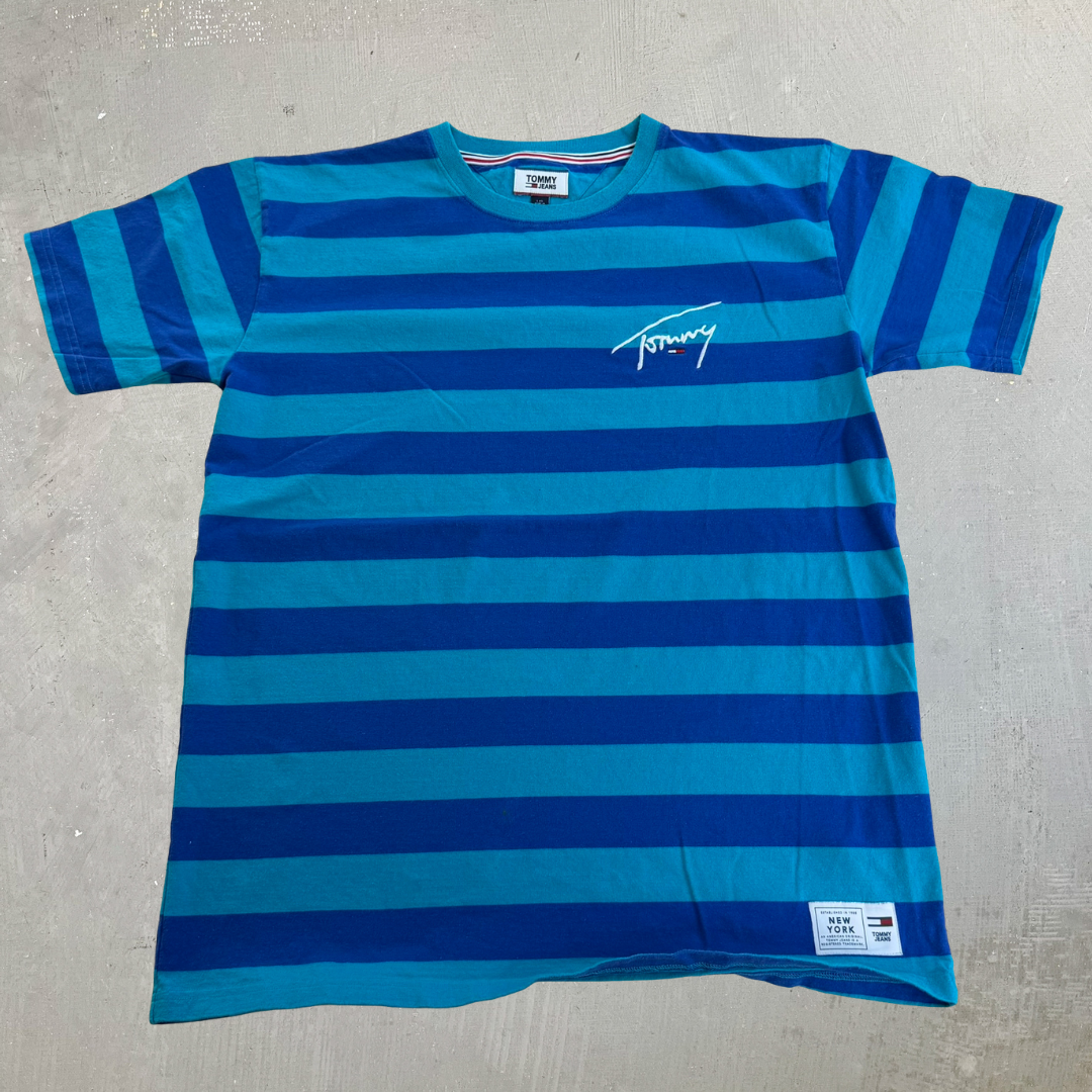 J- Vintage Tommy Jeans Embroidered Text Blue/Teal Striped Tee - L