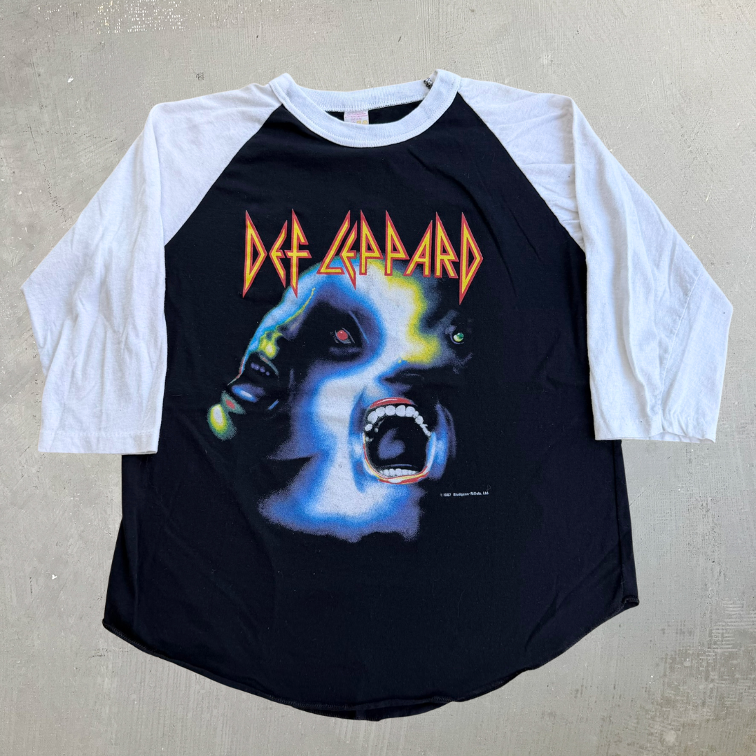 J- Vintage '87 Def Leppard Hysteria Tour Graphic Raglan Single Stitch Tee - L (fits M)