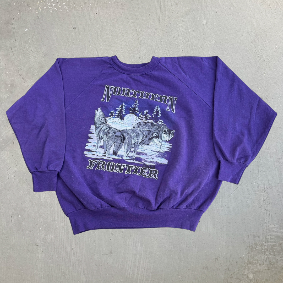 Vintage Canada Northern Frontier Wolves Graphic Made In Canada Crewneck - L