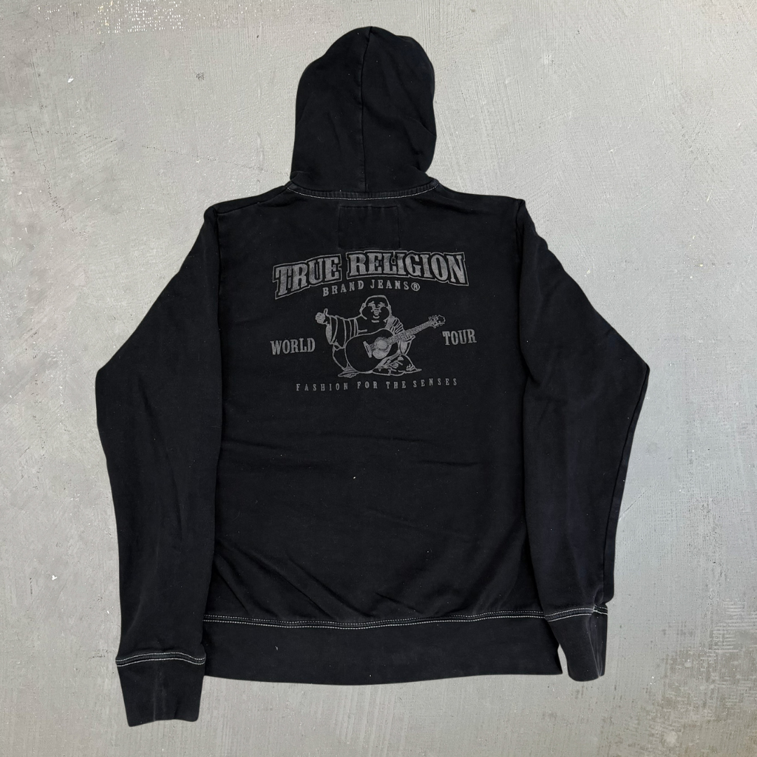 J- Vintage True Religion Logo Black Zip Up Hoodie - XL