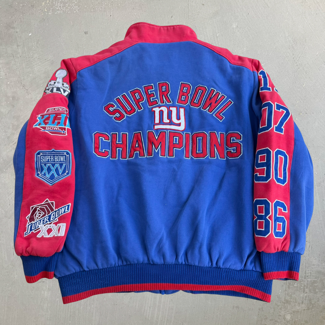 J- Vintage '11 New York Giants NFL Super Bowl Champs Embroidered Patches Zip Up Sweatshirt Jacket - 2XL