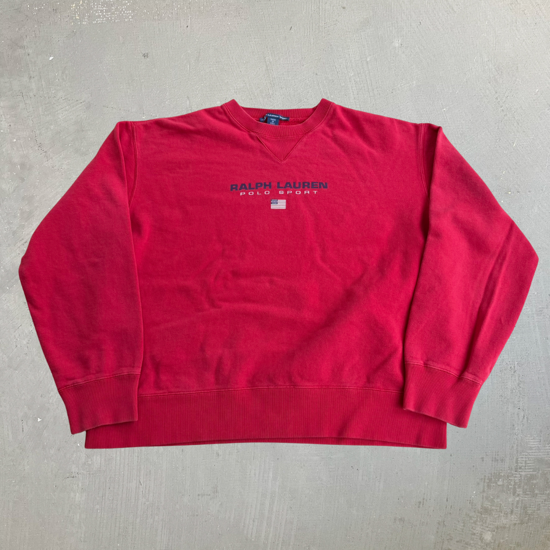 J- Vintage 90s Polo Sports RL Text & American Flag Graphic Made In USA Crewneck - L